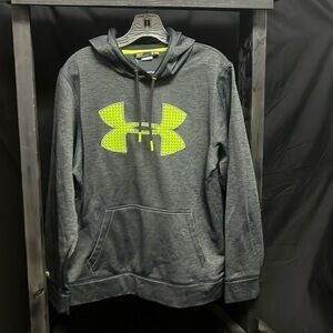 Under Armour- dark gray and black heathered hoodie with neon UA logo